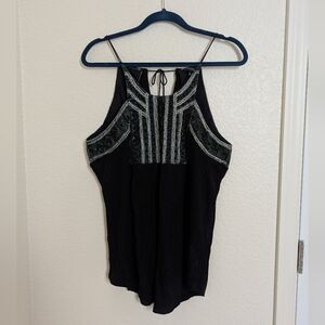 Lucky Brand Green Velvet Beaded Black Knit Top Size M Whimsigoth Bohemian Fairy